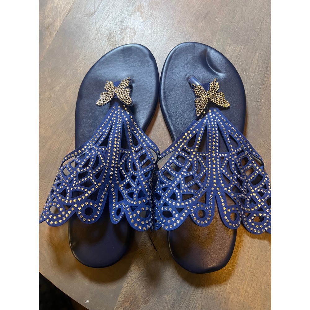 Unbranded Womens Thong Sandals Rhinestone Butterfly Laser Cut Blue 39
